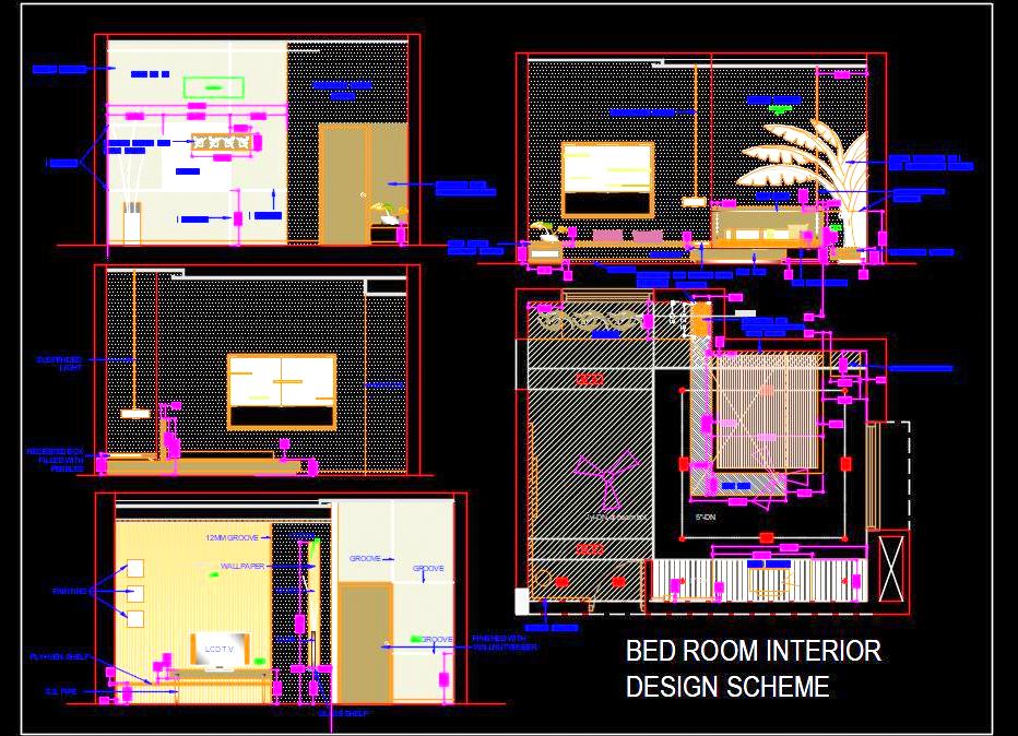 Luxurious Bedroom Interior CAD Drawing with Wall Elevations